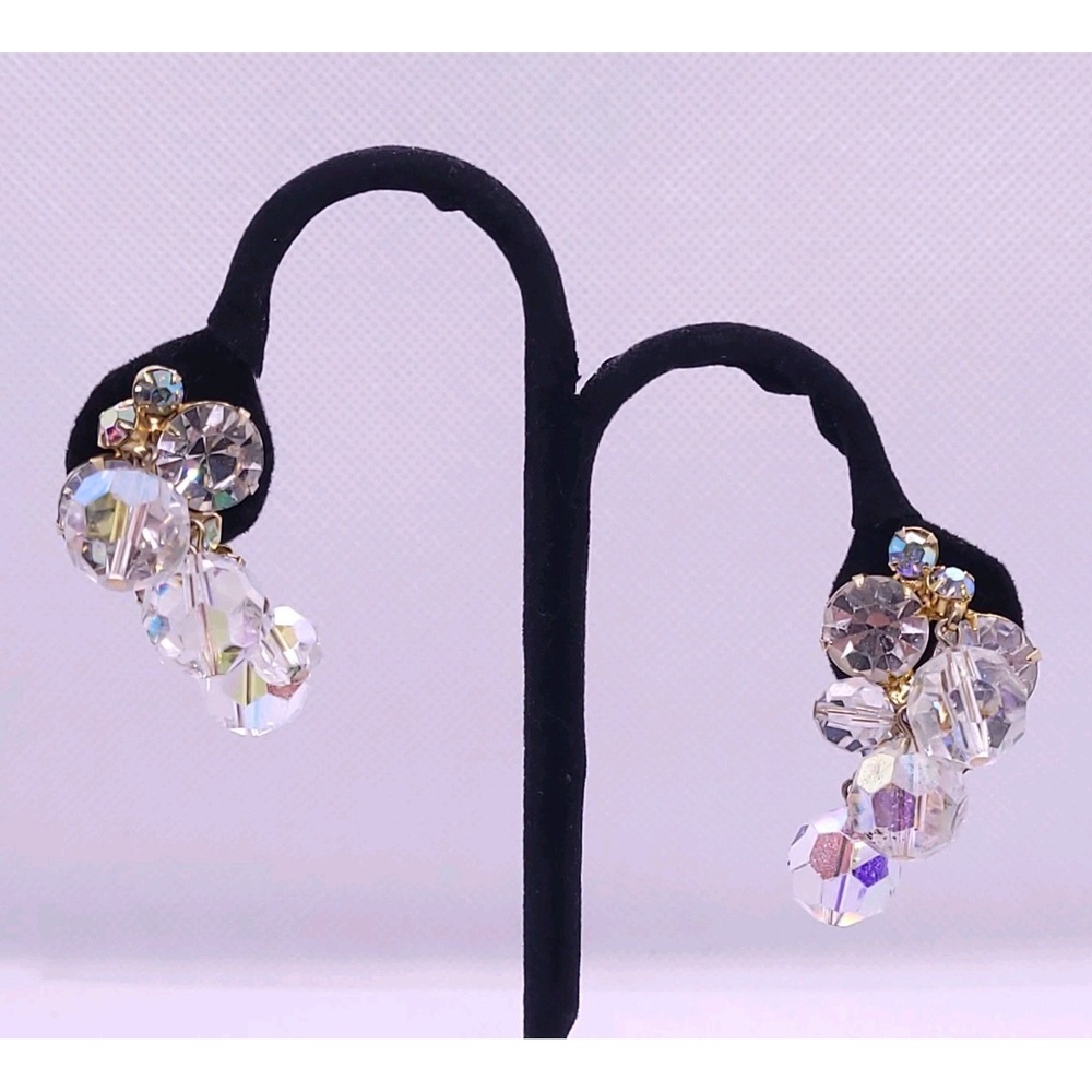 Vintage 1960s Crystal AB Glass Bead Dangle Clip-On Earrings Gold Tone